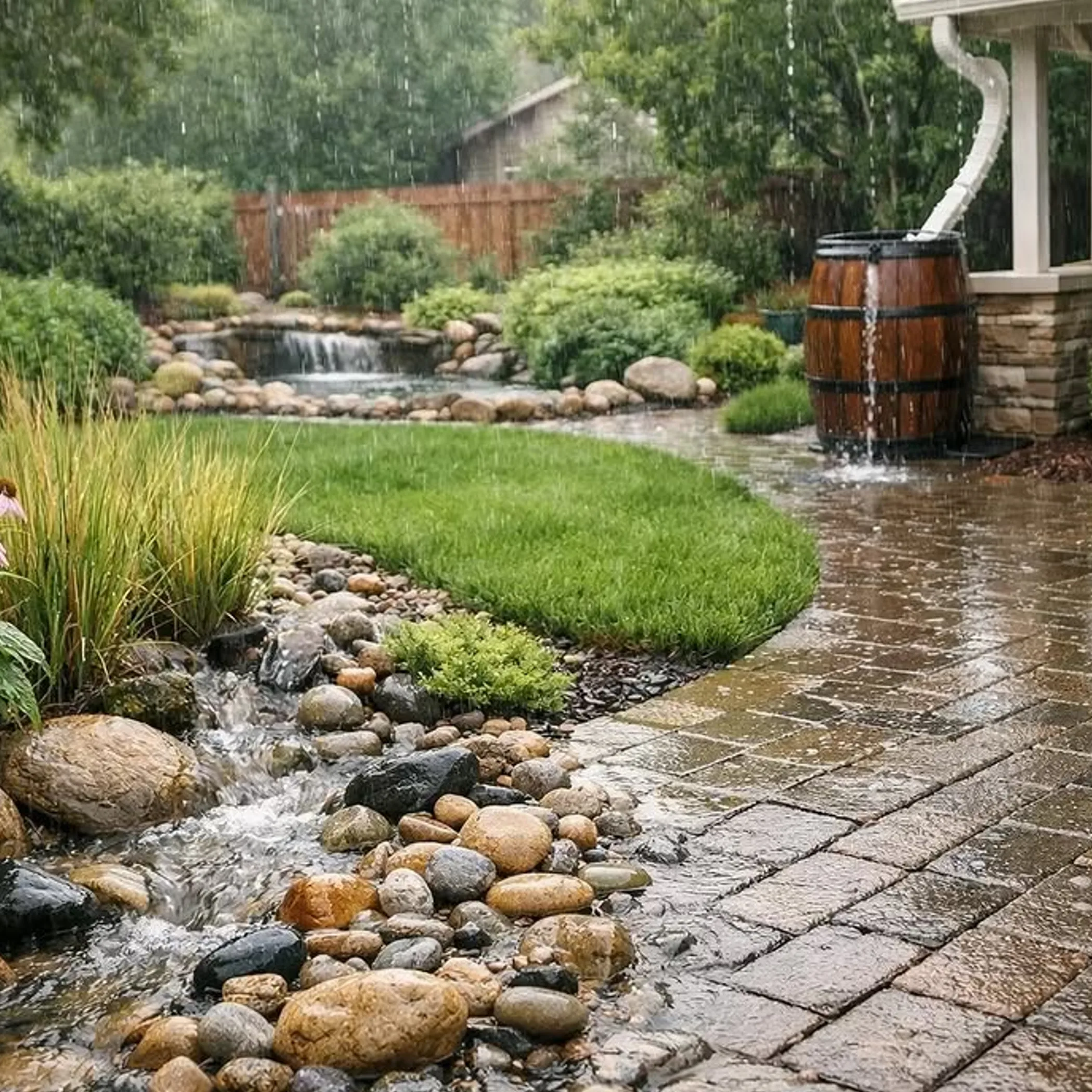 downpipe capture, permeable paving, and drainage channels
